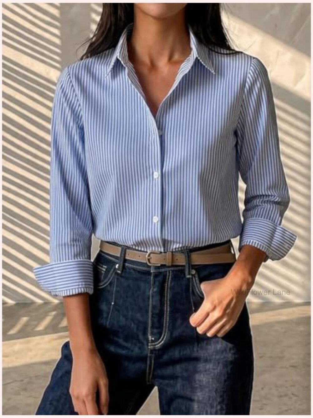 Striped Button Down Long Sleeve Blouse Business Casual Top - Picture 4 of 5